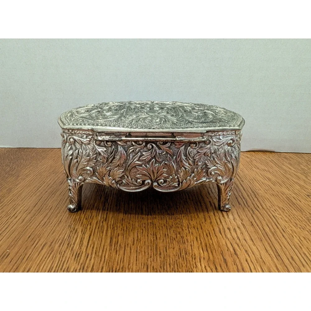 Vintage Silver Toned Jewelry Trinket Box/Footed/Red Velvet Lining